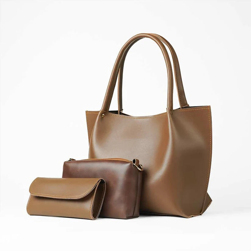 HerGlow – 3-Piece Plain Tote Set (Brown)